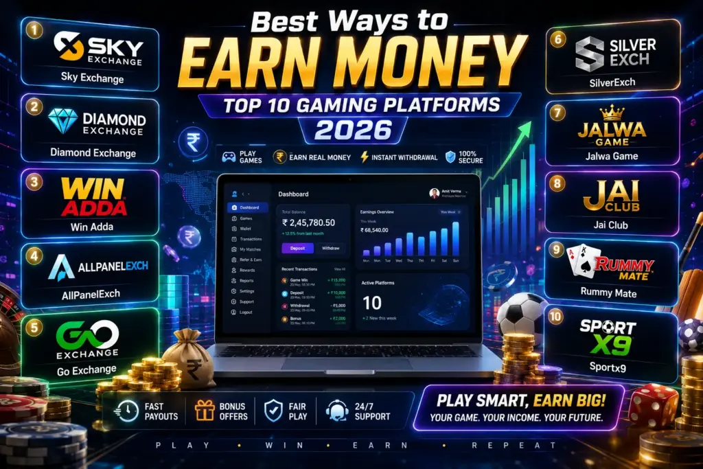 Overview of top 10 online gaming platforms in 2026 including Sky Exchange, Diamond Exchange, Win Adda, AllPanelExch, Go Exchange, SilverExch, Jalwa Game, Jai Club, Rummy Mate, and Sportx9 showing digital gaming and sports prediction interfaces.